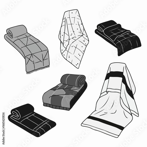 Collection of Cozy Blankets and Throws in Various Styles, Illustrated in Grayscale for Home Decor and Comfort