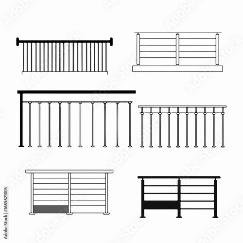 Diverse collection of architectural railings and balustrades in outline and silhouette styles, perfect for construction, safety, and home design projects.