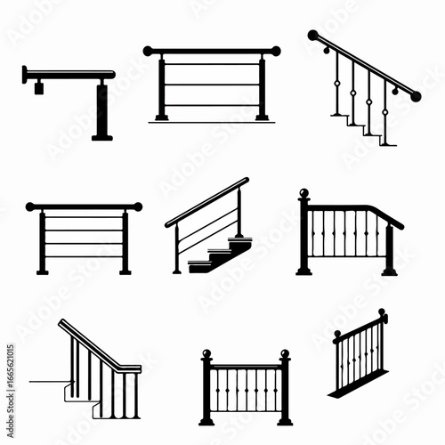 Collection of diverse railing and balustrade designs as black silhouette icons, illustrating various styles for stairs and platforms.