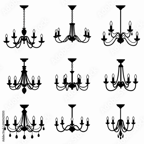 Elegant set of nine classic black chandelier silhouettes, featuring various vintage and antique designs with candle-style lights and decorative elements.