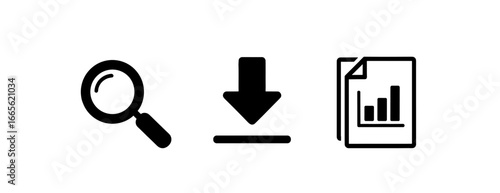 A magnifying glass, download arrow, and document with graph icons arranged horizontally in a row
