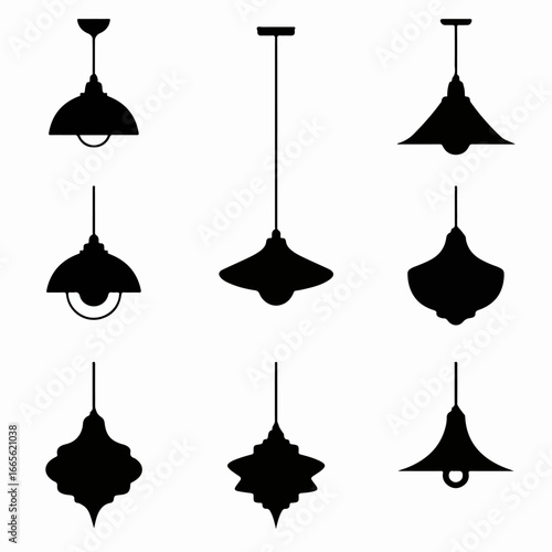Collection of various hanging lamp silhouettes, showcasing diverse designs of modern and classic ceiling light fixtures for interior decoration.