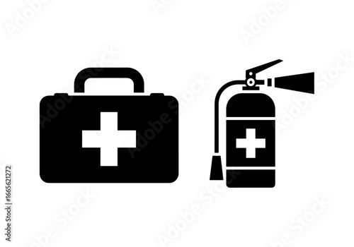 A first aid kit and a fire extinguisher with a white cross symbol in a vector illustration