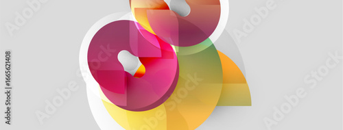 Abstract shapes overlap, creating vibrant color blends. Pink, orange, green hues dominate neutral background. Modern design element.