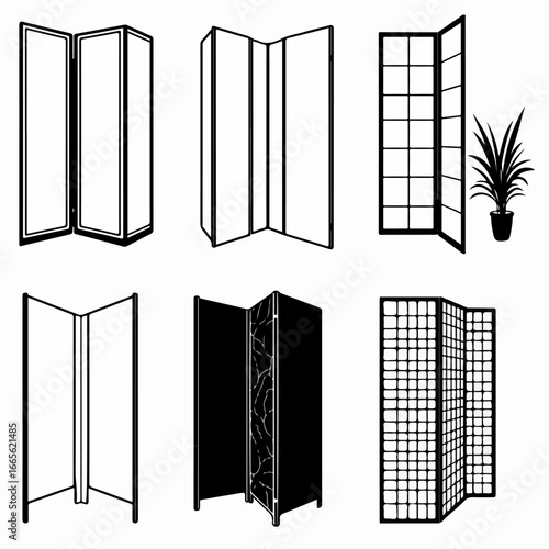 Vector Silhouettes of Modern and Traditional Room Dividers and Privacy Screens with Gridded and Solid Panels