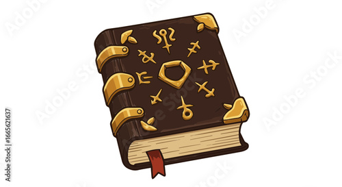 Halloween discover ancient spellbook illustration with magical symbols and golden accents for fantasy art lovers vector