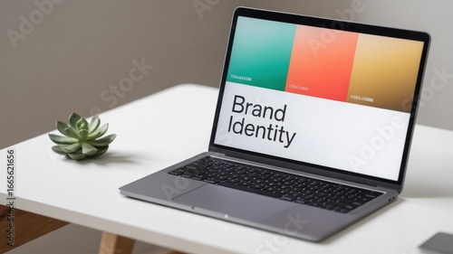 personal branding startups concept. Laptop displaying brand identity design with a succulent plant nearby on a modern desk.