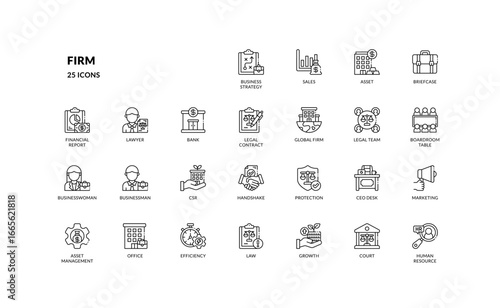 Firm icon set outline style for business and law