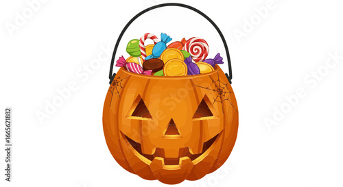 Halloween halloween pumpkin candy bucket filled with colorful sweets and treats for trick or treating celebration vector
