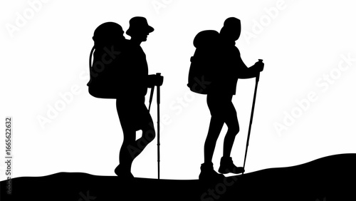 Silhouette of two hikers with backpacks and trekking poles walking on a path against white background