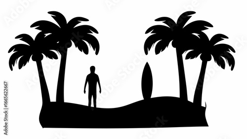 Silhouette of a person standing on a beach with palm trees and a surfboard in black and white style
