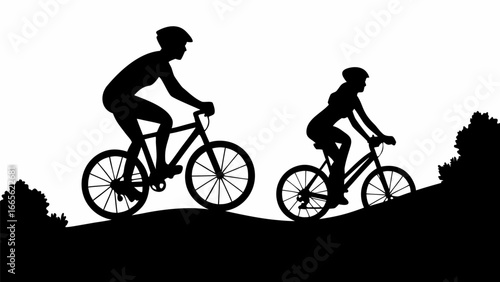 Silhouette of two cyclists riding bicycles uphill with trees and bushes on a white background scene outdoors