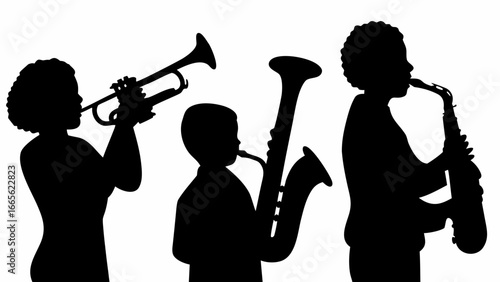 Silhouette illustration of three people playing musical instruments including trumpet and saxophone design