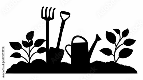 Silhouette illustration of gardening tools including a rake shovel and watering can with plants growing