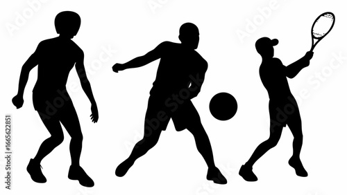 Silhouettes of three athletes playing different sports including tennis and soccer in black color tone