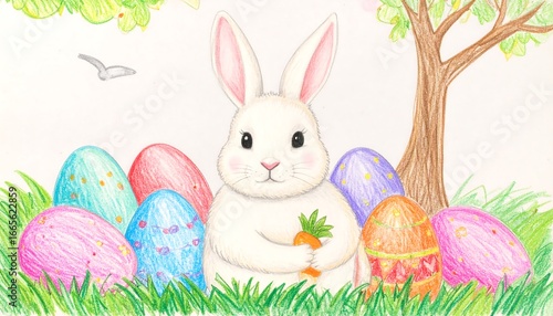 A charming illustration of a white rabbit holding a carrot, surrounded by colorful Easter eggs nestled in a grassy area beneath a tree.