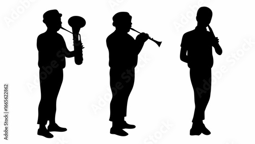 Silhouette of three musicians playing different wind instruments in a musical performance setting stage