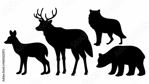 Silhouette depiction of a deer, fawn, wolf, and bear standing in a group on a white background