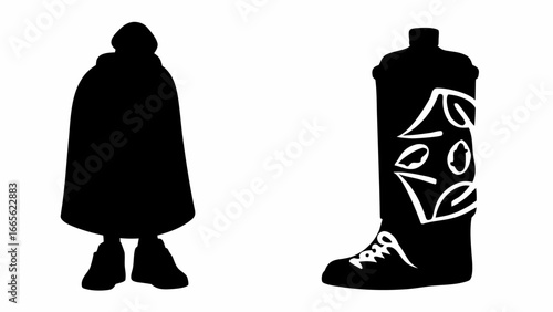 Silhouette of cloaked figure and boot with leaf design against a white background in a simple illustration