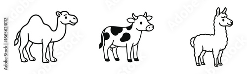 Cute camel cow and llama cartoon line art for kids coloring book isolated on white background, generative ai