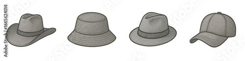 Isolated sketch of travel hats in vintage monochrome style