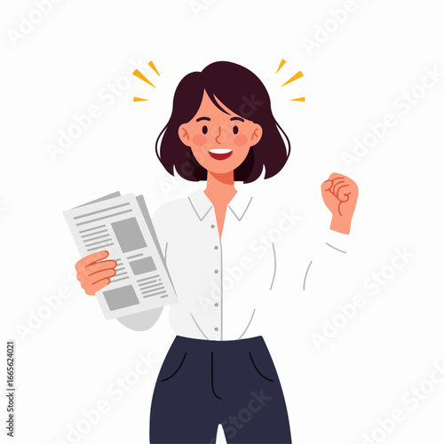 Smiling businesswoman celebrates success with a triumphant fist and documents, feeling happy and accomplished after achieving her goals.