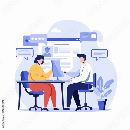People reviewing online profiles and providing feedback, representing communication, recruitment, or customer service interaction.