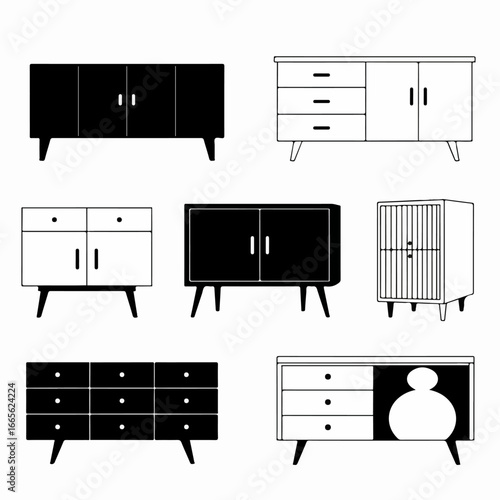 Collection of Mid-Century Modern Furniture Silhouettes: Stylized Black and White Sideboards, Cabinets, and Dressers with Retro Designs on White Background