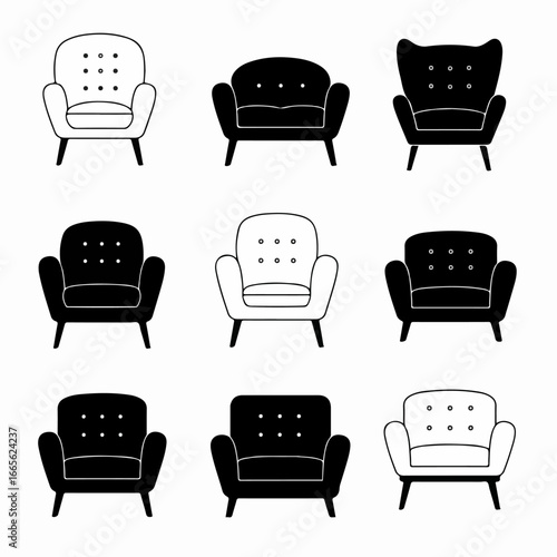 Collection of black and white minimalist armchair icons, showcasing diverse furniture styles for interior design and home decor projects.