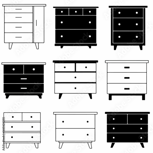 Set of dresser and chest of drawers icons, featuring various furniture styles in black and white outline and solid designs.