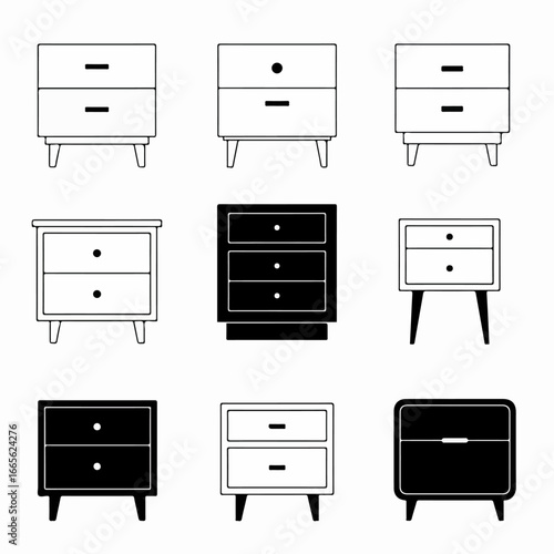 A collection of nine minimalist black and white icons representing various bedside tables and nightstands, featuring different styles of drawers and legs.