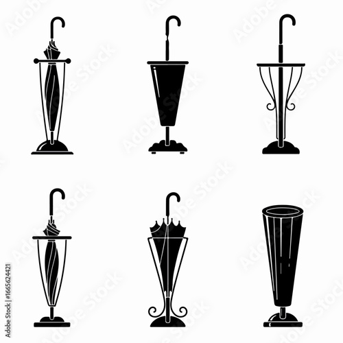 Collection of Black Silhouette Umbrella Stands and Umbrellas Icon Set for Home and Office Decor.