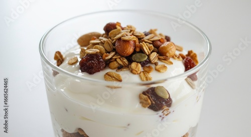 Delicious yogurt parfait with granola and nuts