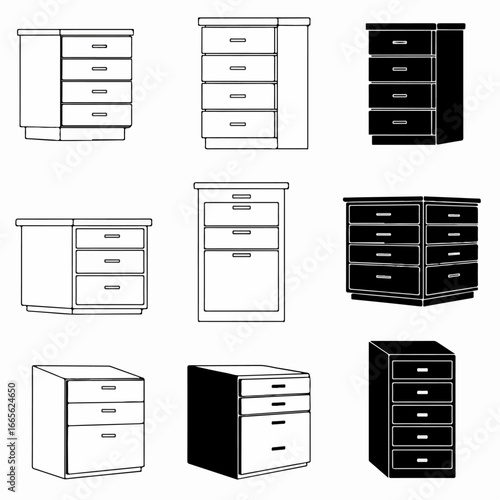 Collection of Outline and Silhouette Drawer Units, Filing Cabinets, and Storage Chests for Office and Home Furniture Icons