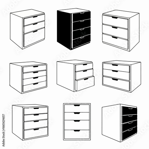 Collection of various drawer units and filing cabinets, presented as black and white outline and solid illustrations.