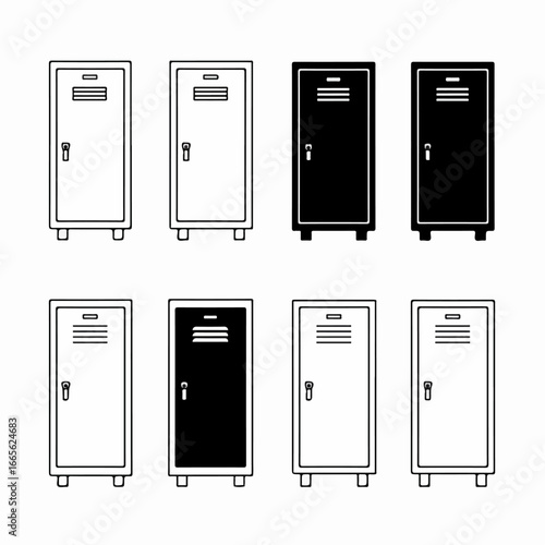 Modern black and white locker icon set, showcasing both outlined and solid silhouette designs for school, gym, and personal storage.