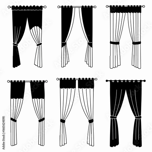 Collection of six stylized curtain designs, showcasing various draping, valance, and tie-back styles in black and white silhouette for home decor.