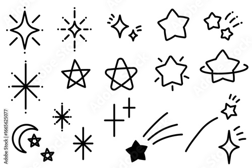 星と月のシンプルな手描きイラストセット