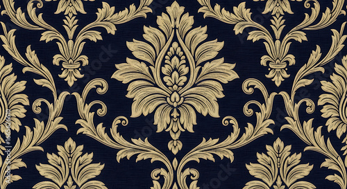 Classic seamless damask ornament with golden acanthus leaves on a dark navy blue fabric texture.