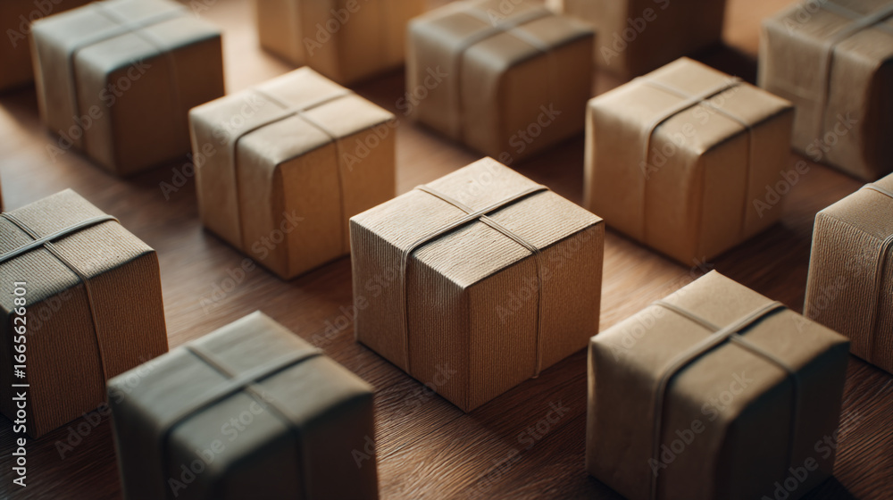 Fototapeta premium A close up view of many brown cardboard boxes tied with string on a wooden surface pattern