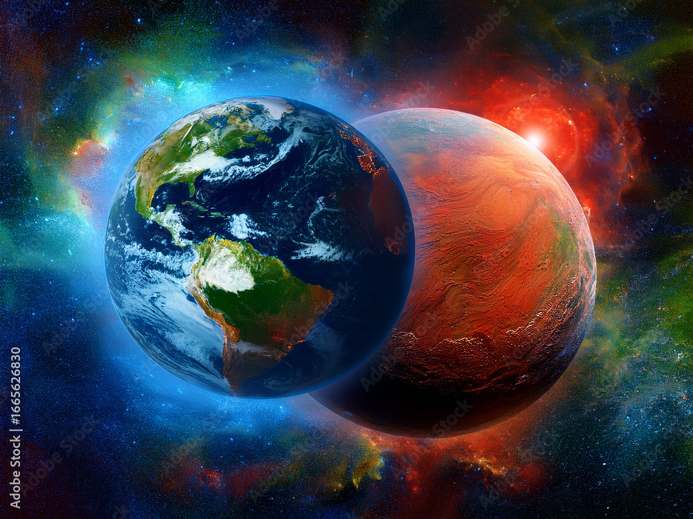 Obraz premium This visually captivating image of Earth and Mars is a tribute to the power of imagination and the incredible potential that lies just beyond our atmosphere, waiting to be discovered.