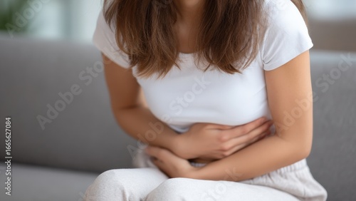 Close up of woman sitting on a sofa at home, holding her belly and experiencing discomfort from abdominal pain or stomach ache