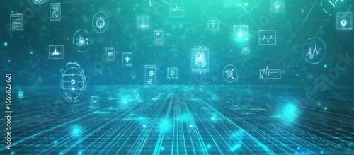 Futuristic medical technology interface with digital healthcare data network concept