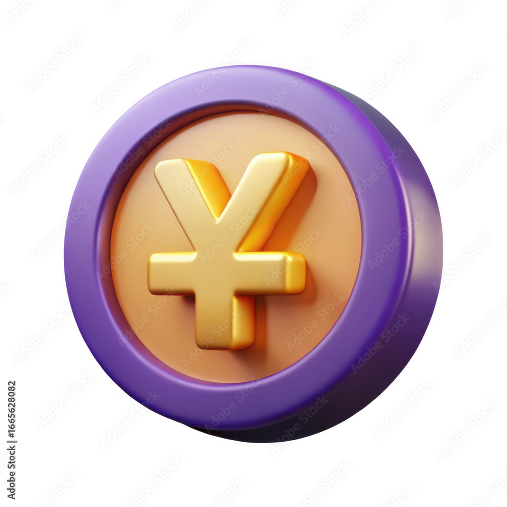 Obraz premium Golden yen symbol coin with purple rim on a black background for finance and currency concepts transparent background