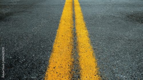 A closeup reveals a worn asphalt road with two parallel faded yellow lines running down the center