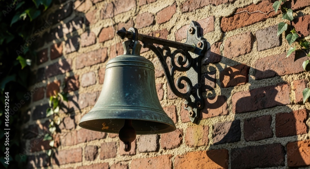 Obraz premium Vintage cast iron bell mounted on a aged brick wall bathed in sunlight