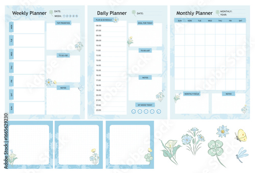 Set of printable daily, weekly, monthly and notes taking planner journal tracker organiser sheets in blue flower design.Hand drawn vector illustration.