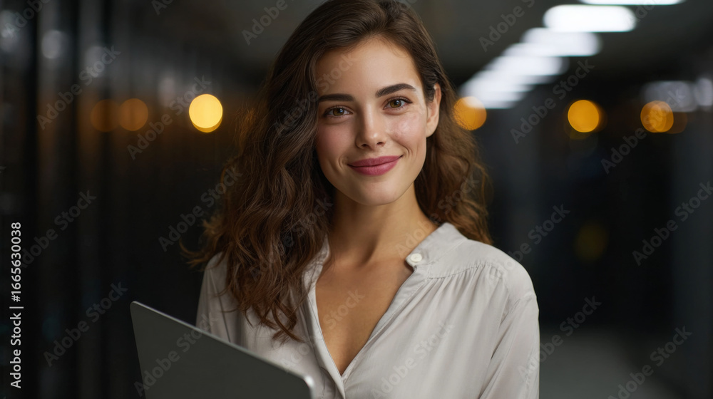 Obraz premium Tech Professional's Confident Gaze: A tech-savvy woman, poised and assured, holds a laptop in a dimly lit server room, radiating competence and modern professionalism.