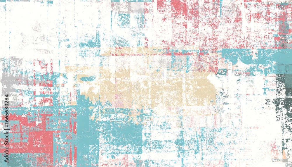 Obraz premium A multicolored, abstract design featuring textured blocks of pastel colors overlaid with distressed effects.