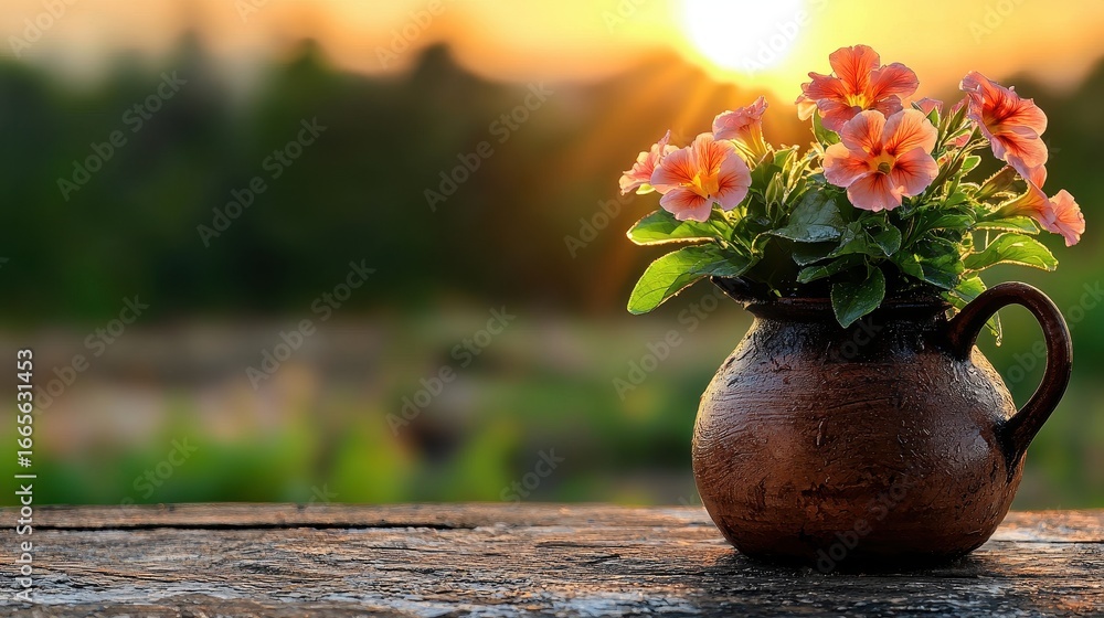 Peach Blossoms in Rustic Vase at Sunset Peach Blossoms in Rustic Vase at Sunset